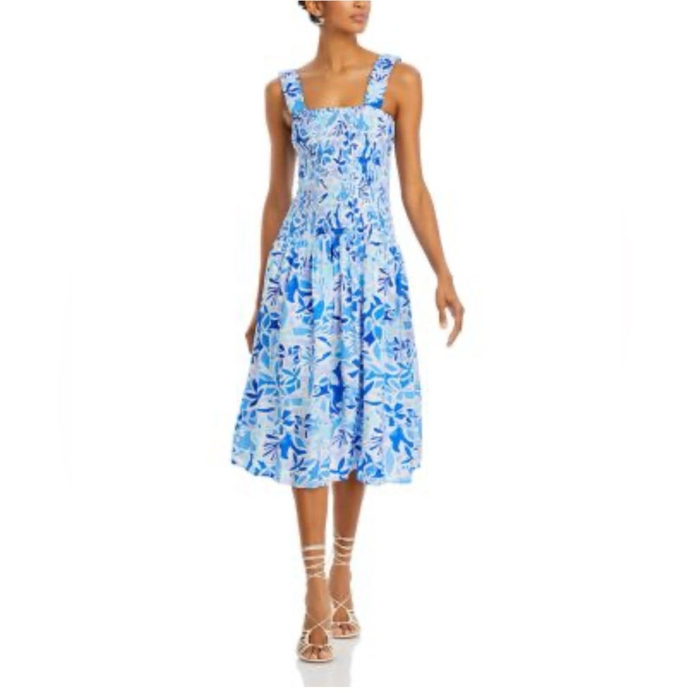 Aqua Blue Floral Smocked Midi Sundress